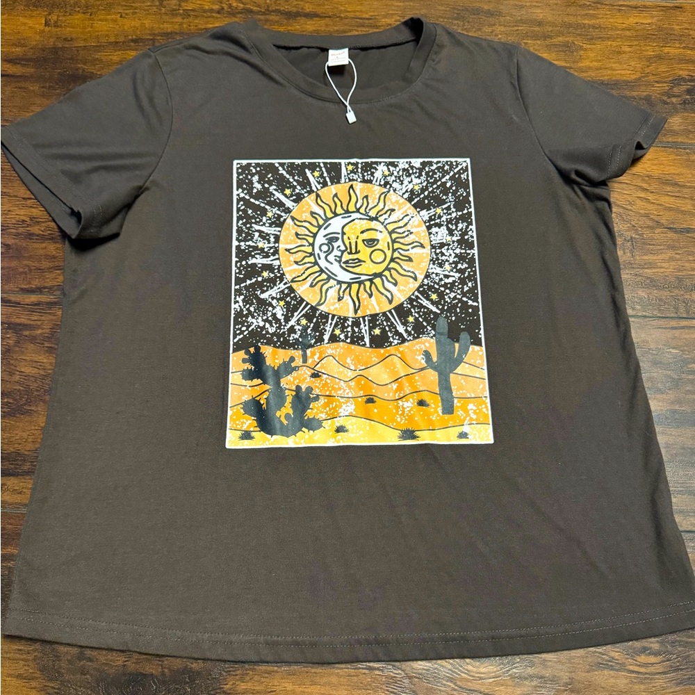ROMWE Sun & Moon Desert Short Sleeve T-Shirt Women Size Large Brown Fast Ship